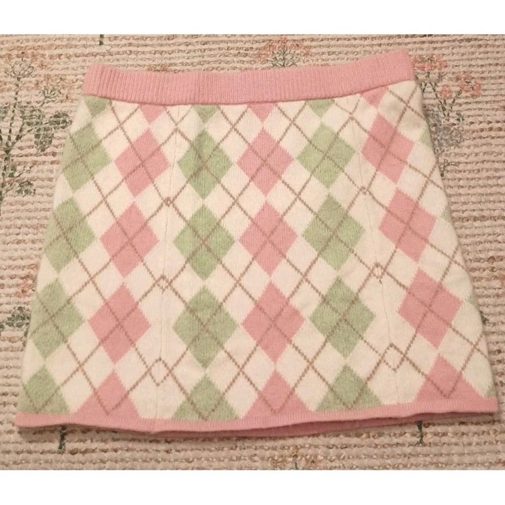 LoveShackFancy Argyle Wool Cashmere Knit Mini Skirt Ivory Pink Green Size S